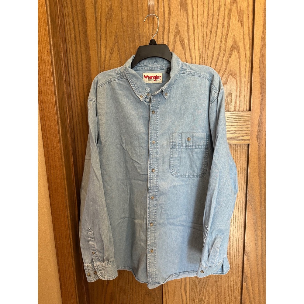 Wrangler Rugged Wear Mens XXL Denim Button Down Shirt Light Wash Blue Cotton